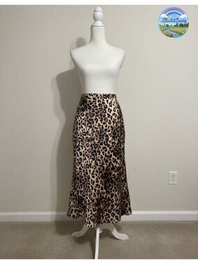 High Waisted Satin Maxi Skirt A-Line Silk Leopard Long Skirt